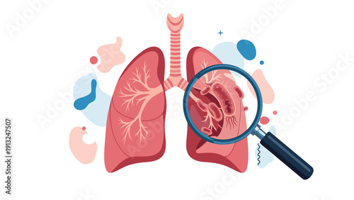 Medical illustration of human lungs with a magnifying glass showing microscopic bacteria and germs for health and science education.