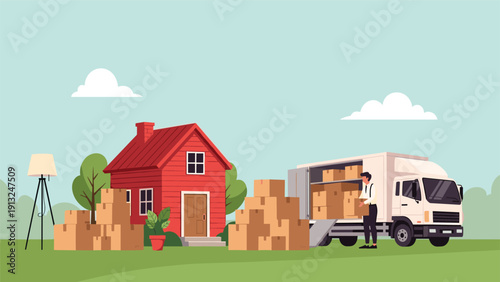 Flat illustration of a moving truck and worker with cardboard boxes next to a red house for housewarming and relocation services.