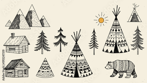 Rustic hand drawn sketches of mountains and cabins and teepees and a bear for a forest wilderness or camping adventure concept.