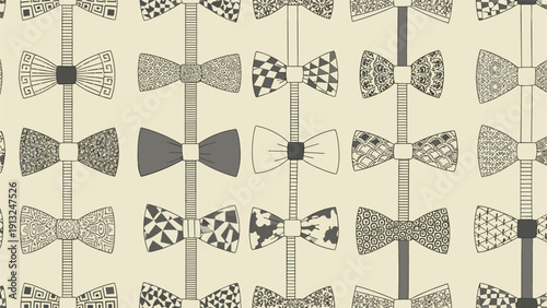 Seamless pattern of stylish patterned bow ties arranged in neat vertical columns for fashion and accessories themed backgrounds.