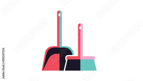 Stylized broom and dustpan cleaning tools shown in a modern flat design with pink and cyan accents for house chores.