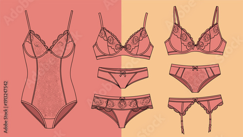 Lingerie collection features bodysuit and bra sets in dusty rose color with intricate lace detailing on a dual toned background.