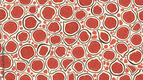 Seamless pattern displays fresh fig slices with vibrant red interiors and seeds densely packed on a pale cream background for decor.