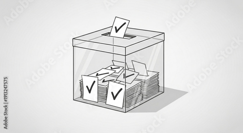 Transparent ballot box with checkmarked papers being inserted into slot on top with papers and boxes inside symbolizing secure voting process and democratic elections