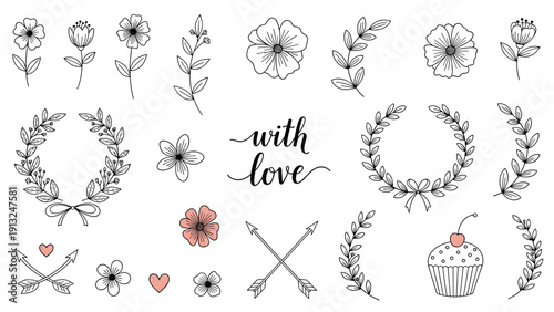 Collection of hand drawn floral elements and wreaths includes arrows and a cupcake with the romantic text with love in the center.
