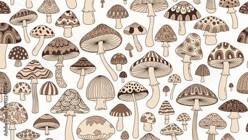Detailed mushroom pattern features various types of fungi with intricate designs and patterns in earth tones for a nature theme.