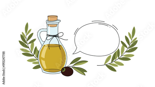 Healthy olive oil in a glass bottle is shown with an olive branch and a blank speech bubble for custom text or brand logo.