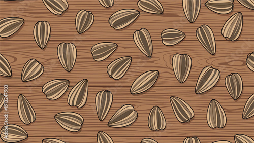 Striped sunflower seeds pattern shows numerous seeds scattered across a dark wood grain background for a rustic harvest theme.