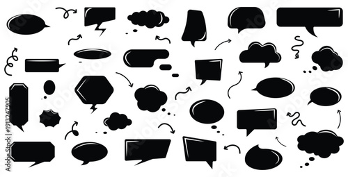 Collection of diverse black silhouette speech bubbles and thought balloons featuring various shapes arrows and comic style design elements for messaging communication