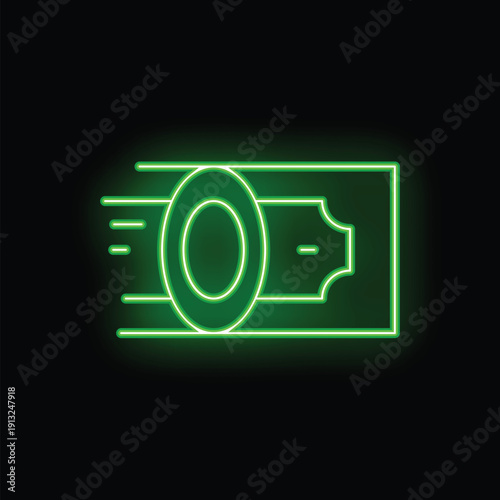 Green neon sign depicting a banknote moving fast, representing concepts like fast payment and money transfer