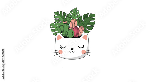 Adorable cat illustration features a white feline head acting as a planter for several cacti and large green monstera leaves.