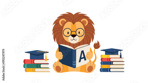 Clever lion character is shown wearing glasses and reading an ABC book, surrounded by graduation caps and stacks of school books.