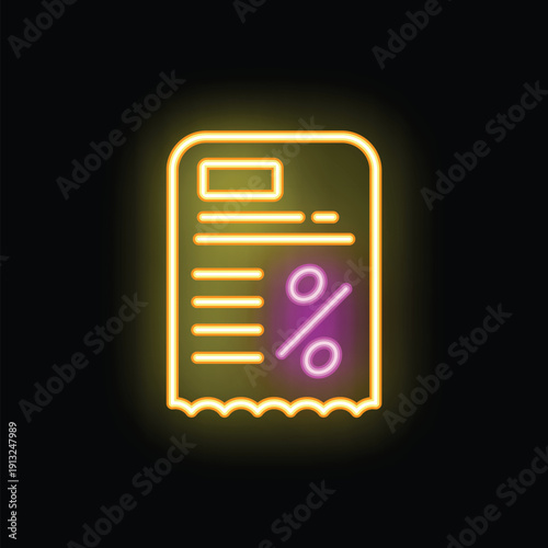 Neon icon of bill with percentage sign, concept of loan interest, credit, financial statement