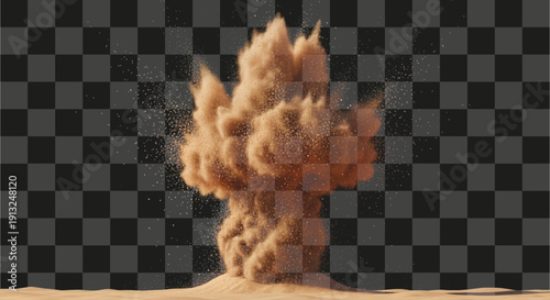 Sand Explosion Massive Eruption Scattering Fine Desert Powder Elements Realistic Digital Simulation Brown Tan Color Isolated Effect