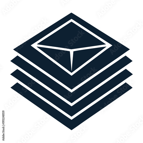 A logo with a white outline of a diamond shape on top of three horizontal lines