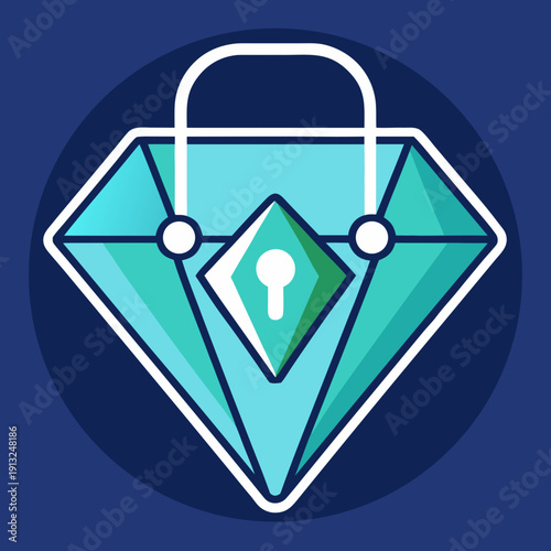 A blue and green icon of a diamond with a lock