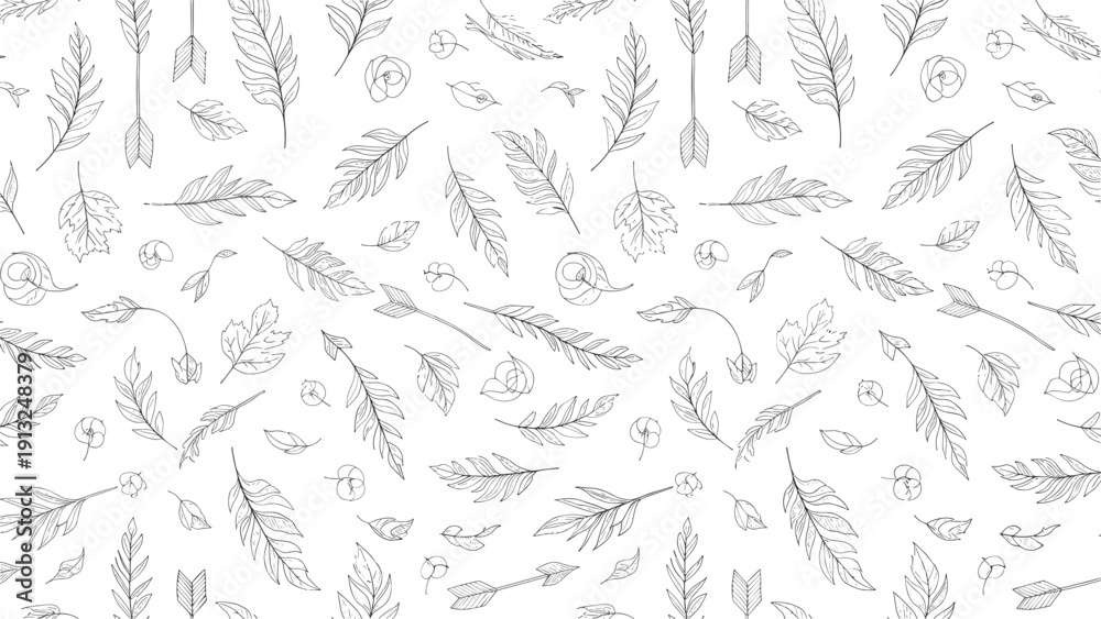 Fototapeta premium Elegant black and white seamless pattern featuring delicate hand-drawn feathers, small leaves, and arrows on a white backdrop.