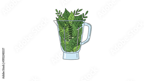 Minimalist illustration of a glass blender jar filled with a variety of fresh green leafy vegetables and healthy herbs.