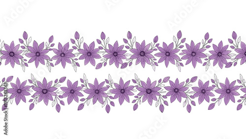Elegant horizontal border made of purple clematis-style flowers and buds with green leaves arranged in two rows on a white background.