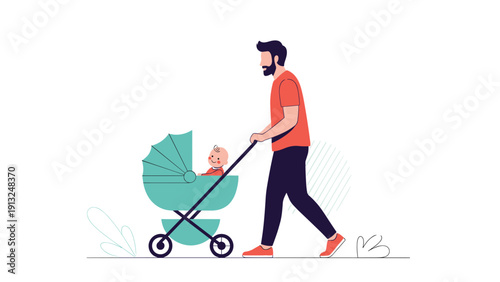 Modern father with a beard walks outside pushing a teal baby stroller with his young child on a clear day for fresh air and exercise.