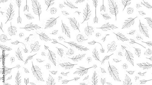 Elegant black and white seamless pattern featuring delicate hand-drawn feathers, small leaves, and arrows on a white backdrop.
