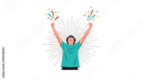 Joyful man celebrating success with raised arms and colorful firework-like bursts in a celebratory flat illustration.
