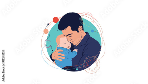 Tender moment of a loving father holding his sleeping baby close for comfort and security within a decorative circular frame.