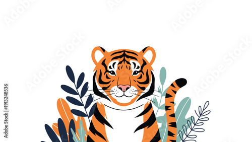 Majestic portrait of a tiger sitting calmly among stylized jungle leaves and foliage on a plain white background.