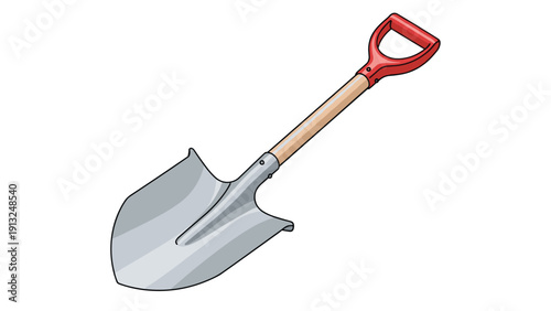 Metal gardening shovel with a wooden handle and red grip used for digging soil in gardening and construction work.