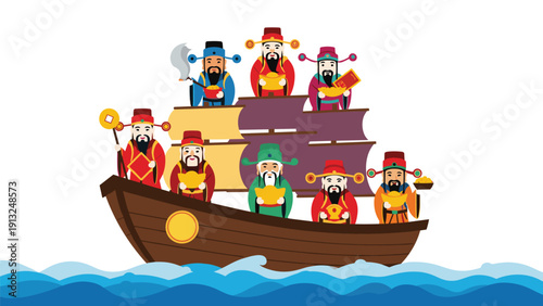 Traditional illustration of the Seven Lucky Gods on a treasure ship sailing on the ocean for luck and prosperity in the new year.