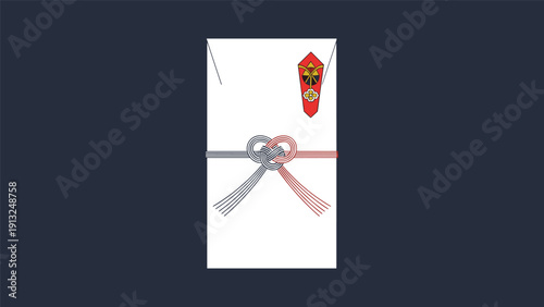 Traditional Japanese gift envelope for money, known as a shugi-bukuro, decorated with a red and white mizuhiki knot on a dark background.