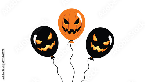 Set of three scary Halloween balloons with carved pumpkin faces in orange and black for spooky party decorations.