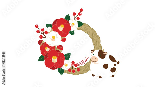 Traditional Japanese New Year wreath decorated with red and white camellia flowers, red berries, and a cute spotted cow.