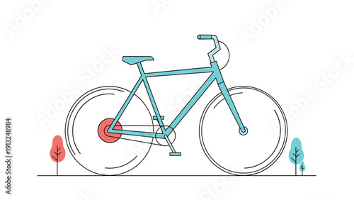 Blue bicycle is parked on a flat surface between small red and blue stylized trees against a white background in a minimal vector style.