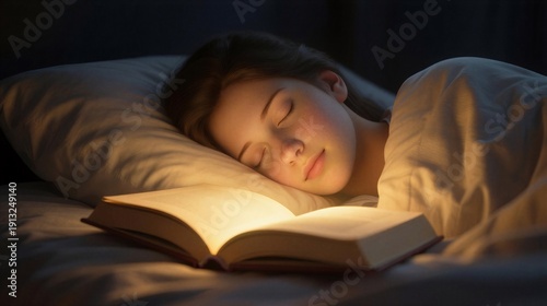 Peaceful slumber with a glowing book, expressing tranquility and used for relaxation scenes.