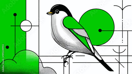 A geometric bird with a black head, green wings, and a tail, set against a background of green and white shapes