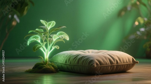 Glowing plant sprout beside a cozy pillow, expressing nature's magic and tranquility, used for relaxation or meditation scenes