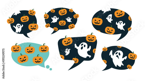 Set of Halloween speech bubbles containing spooky ghosts and carved pumpkin patterns on dark and teal blue backgrounds.