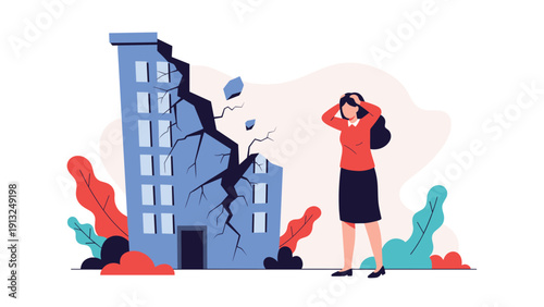 Woman stands in distress with her hands on her head next to a tall blue building that is cracked and leaning after a major structural failure.