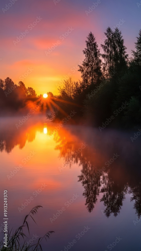 Fototapeta premium Serene sunset over a misty lake with silhouettes of trees reflected in still water.