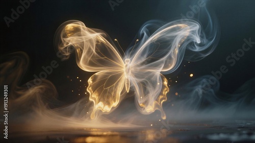 Ethereal butterfly glowing with golden light, surrounded by misty smoke, expressing magic and wonder.