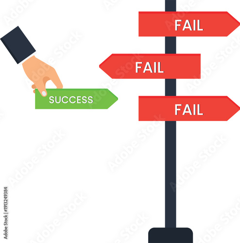 Signpost direction business success failure concept choosing path career choice achieving goals strategic decision overcoming obstacles motivation challenge flat design human hand directional arrows