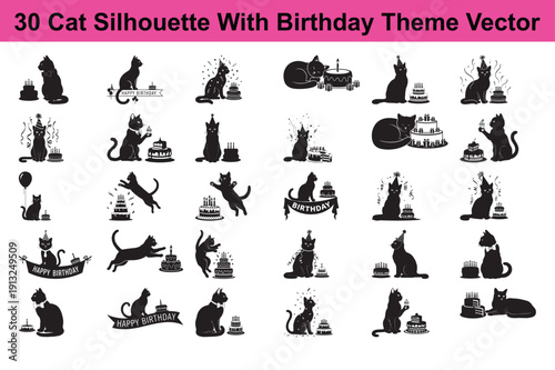 Cat silhouette birthday celebration set featuring various feline illustrations with party hats cakes balloons and festive banners