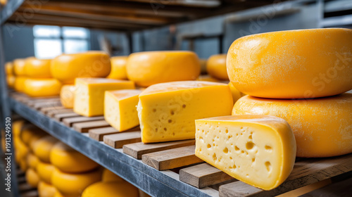 Wallpaper Mural Cheese making factory warehouse storage with shelves full of large cheese pieces, macro, AI generative, defocused racks, with copy space Torontodigital.ca