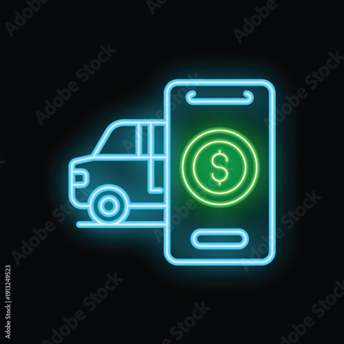 Neon glowing icon of a mobile banking app showing the online payment for a van delivery service
