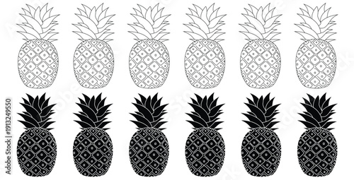 Collection of twelve stylized pineapple illustrations showing both outline drawing versions and solid silhouette shapes for graphic design projects