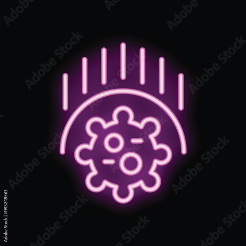 Neon icon of a virus with uv rays shining on it, eliminating it