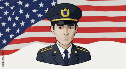 American police officer in uniform with usa flag background patriotic law enforcement illustration