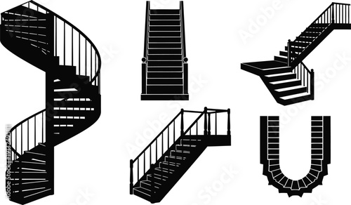 Silhouette vector set of 5 staircase designs spiral staircase straight stairs l-shape and ladder stairs