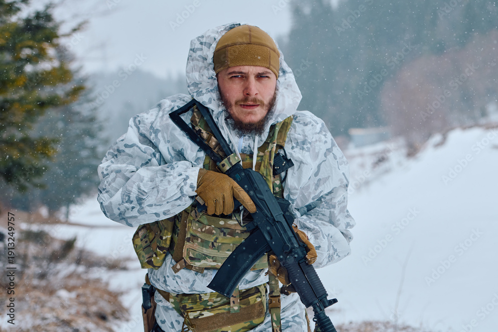 Fototapeta premium Soldier In White Winter Camouflage Holding Assault Rifle During Snowy Forest Patrol